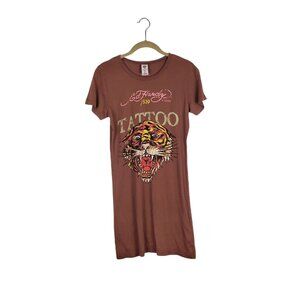 Ed Hardy T-Shirt Mini Dress Brown Tiger Tattoo Short Sleeve Womens Size Large